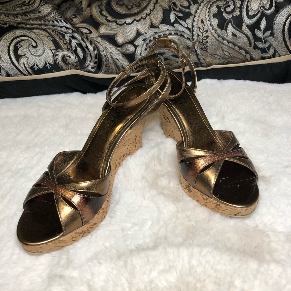 Franco Sarto bronze shoes with cork wedge heel